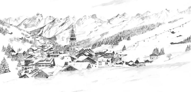 Papier peint panoramique La Clusaz en peinture - Noir et blanc - Muralconcept