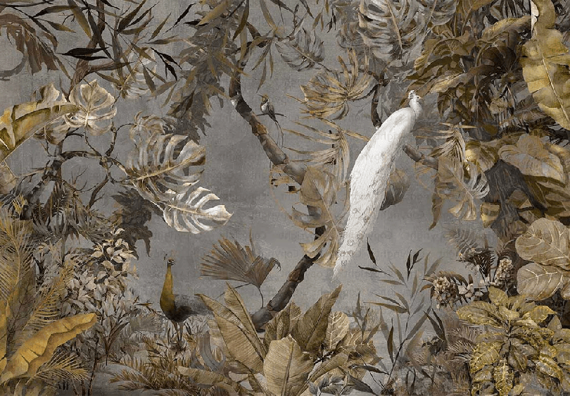 Papier peint panoramique paon blanc impérial - Muralconcept