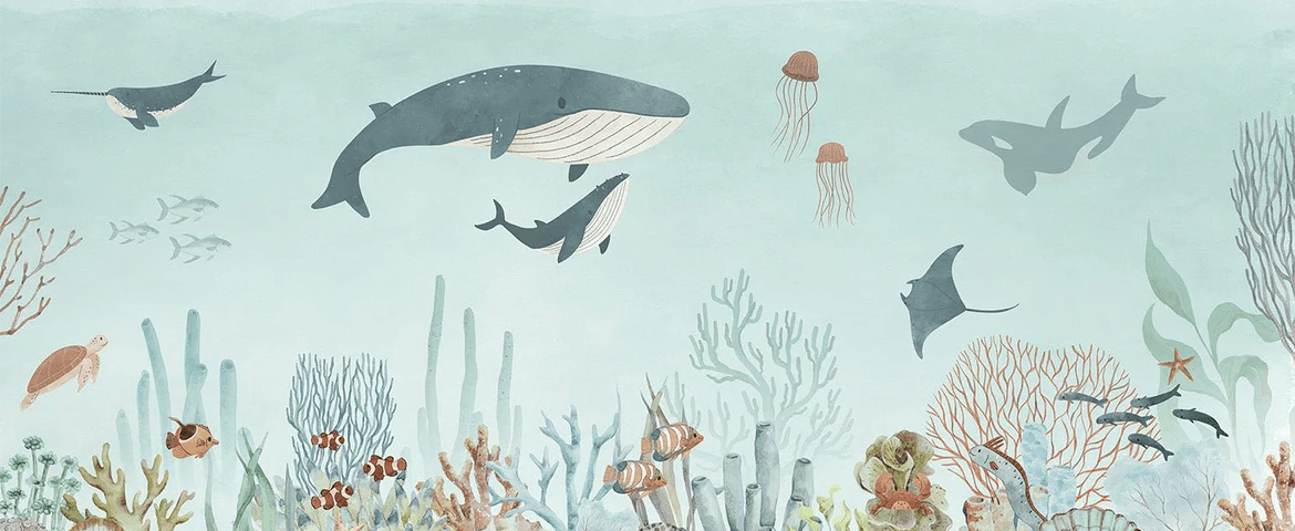 Papier peint bébé baleines bleu - Muralconcept