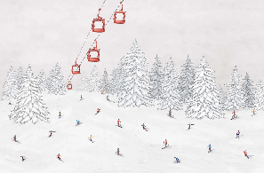 Papier peint télécabine skieurs colorés - Muralconcept