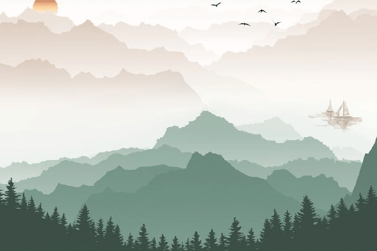 Papier peint montagne dans brume terracotta - Muralconcept