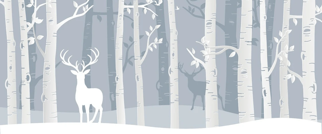 Papel pintado infantil bosque escandinavo con abedules y ciervos