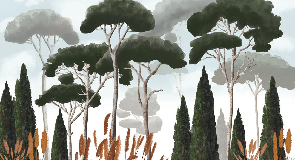 Papel pintado a medida con cipreses, pinos y hierbas de la pampa