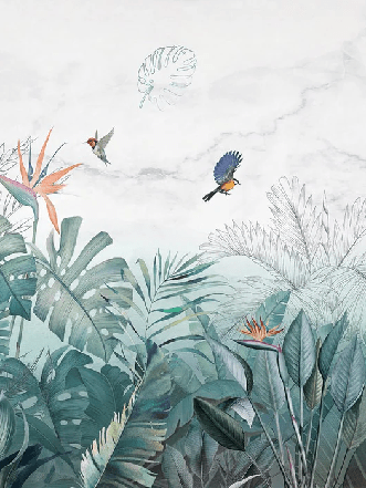 Papel pintado para baño jungla azul mármol