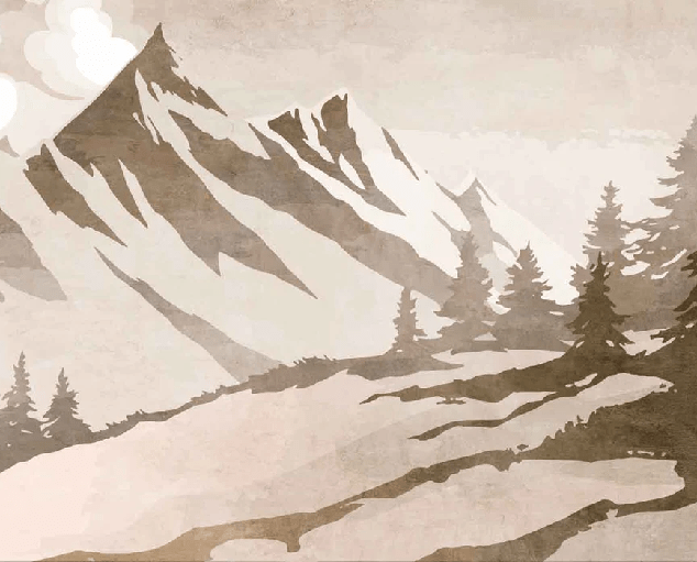 Papel pintado con abetos y montañas vintage en sepia