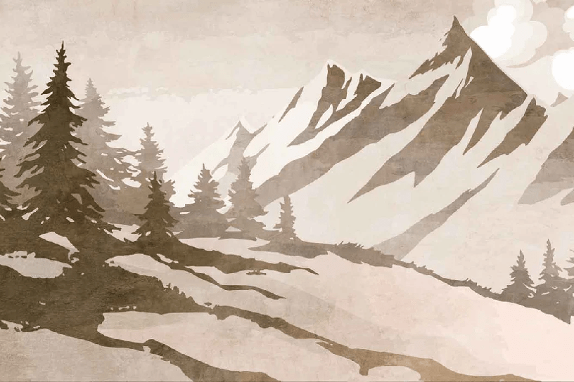 Papier peint sapin et montagne vintage sépia - Muralconcept