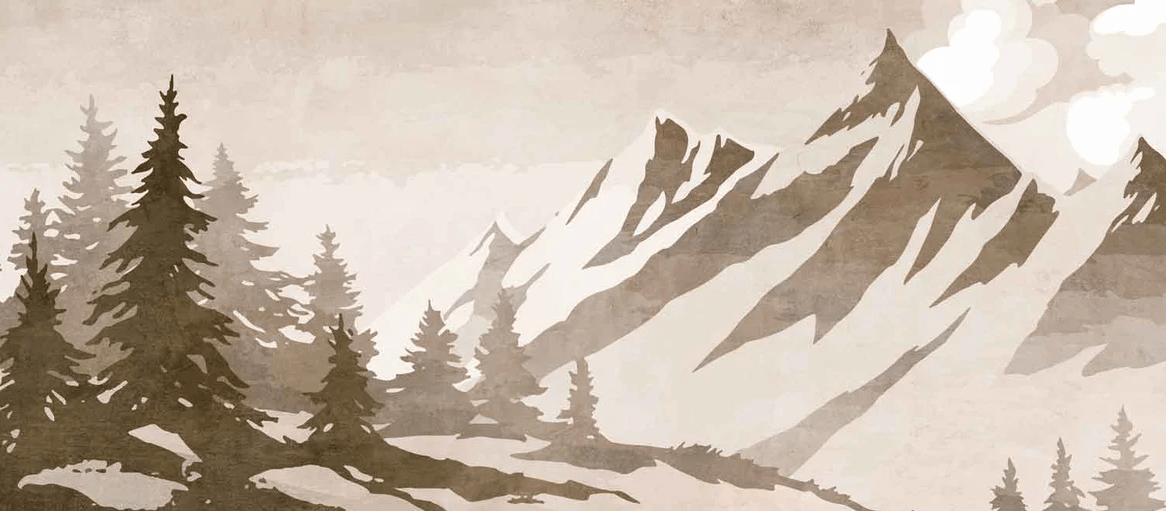 Papel pintado con abetos y montañas vintage en sepia