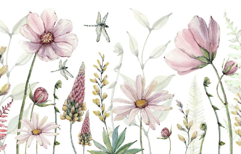 Papier peint fleurs et libellules, XXL, tendance