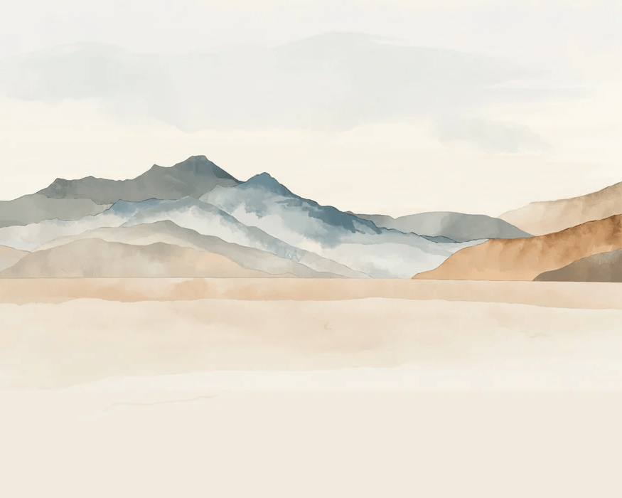 Papier peint panoramique montagne aquarelle pastel – Décor mural paysage apaisant - Muralconcept