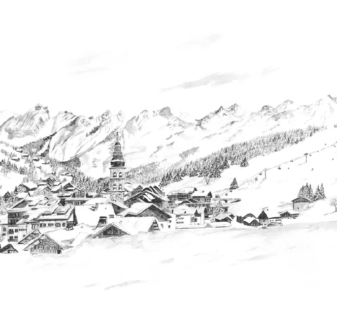 Papier peint panoramique La Clusaz en peinture - Noir et blanc - Muralconcept
