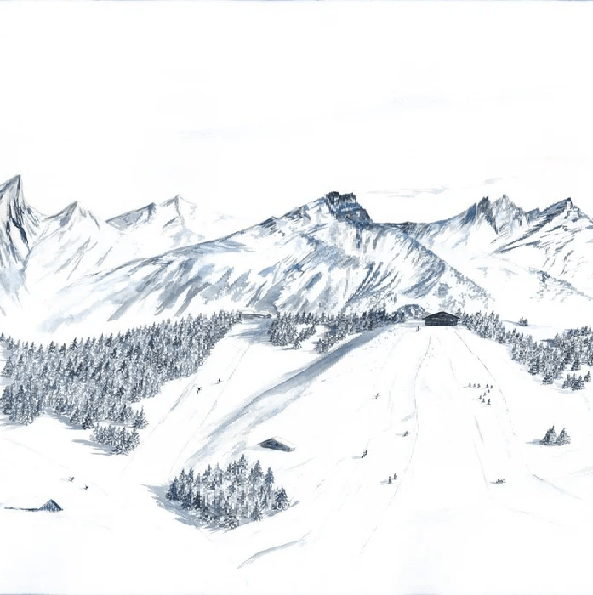 Papier peint montagne Megève – Fresque artistique peinte à la main - Muralconcept