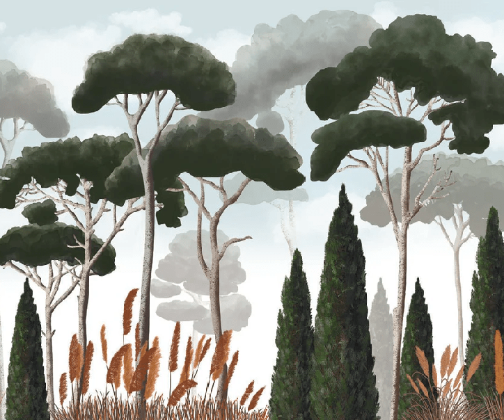 Papel pintado a medida con cipreses, pinos y hierbas de la pampa