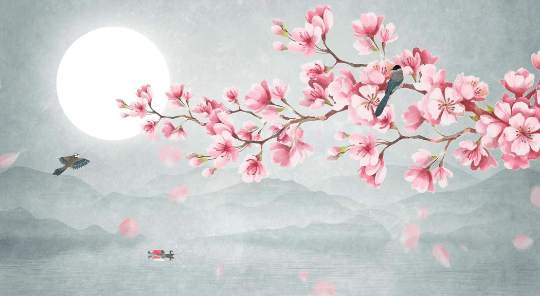 Papier peint tendance floral cerisier poétique - Muralconcept