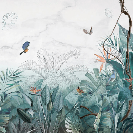 Papel pintado para baño jungla azul mármol