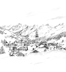 Papier peint panoramique La Clusaz en peinture - Noir et blanc - Muralconcept