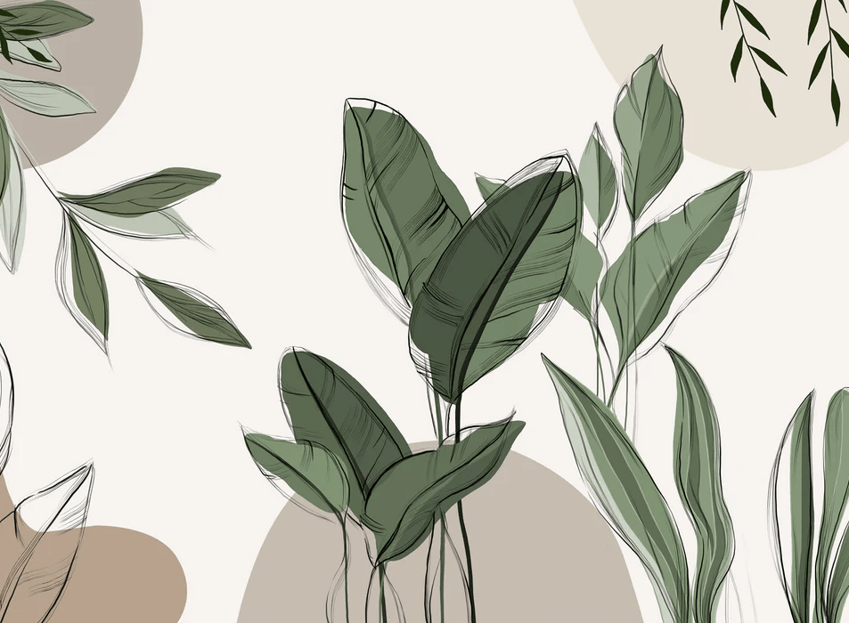 Papel pintado panorámico vegetal gráfico gris topo