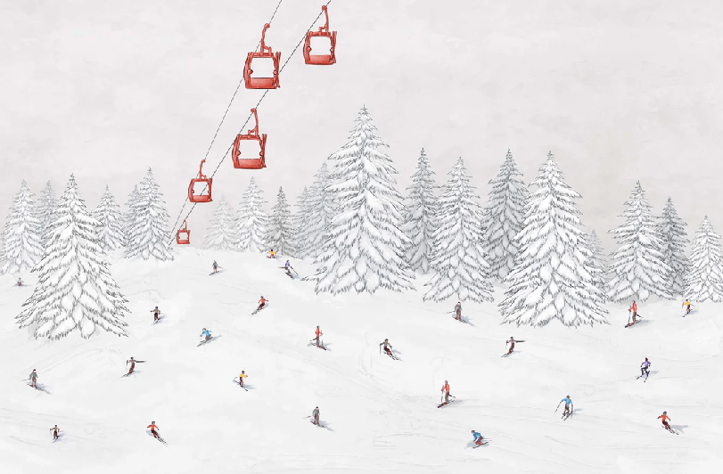 Papier peint télécabine skieurs colorés - Muralconcept