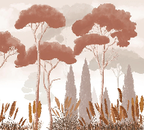 Papier peint cyprès pins et herbes de la pampa terracotta - Muralconcept