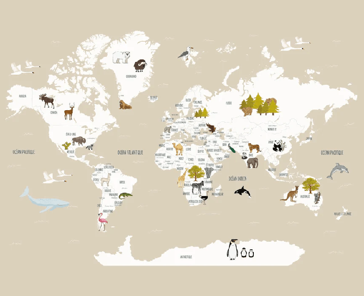 Papel pintado Mapa del mundo en francés para niños, color beige