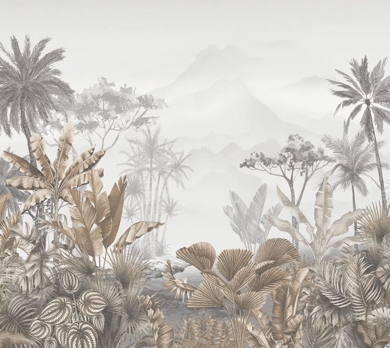 Papel pintado tropical sepia para el baño