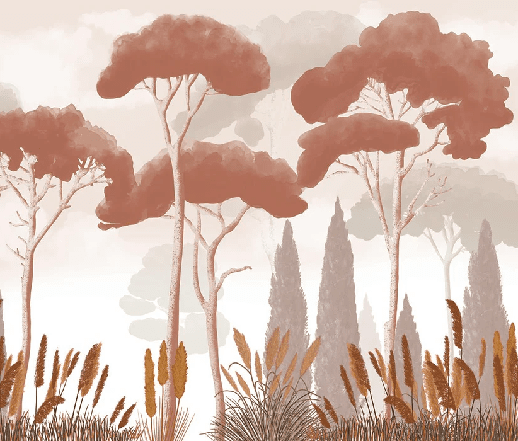 Papier peint cyprès pins et herbes de la pampa terracotta - Muralconcept