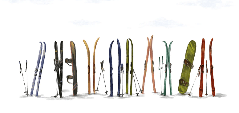 Papier peint panoramique skis colorés - Muralconcept