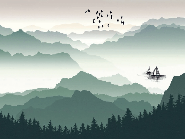 Papel pintado montaña y vela en el lago