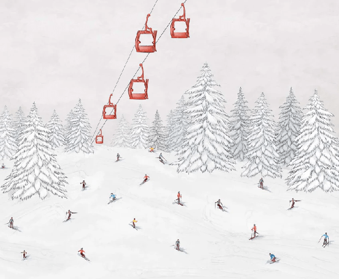 Papier peint télécabine skieurs colorés - Muralconcept