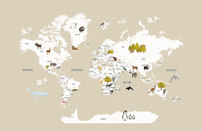 Papel pintado infantil mapamundi francés beige