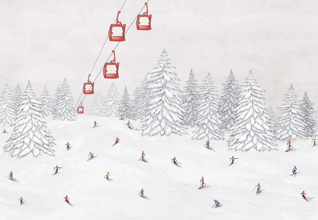 Papier peint télécabine skieurs colorés - Muralconcept