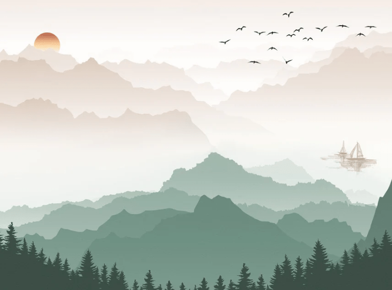 Papel pintado Montaña en la niebla terracota