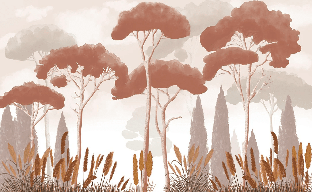 Papier peint cyprès pins et herbes de la pampa terracotta - Muralconcept