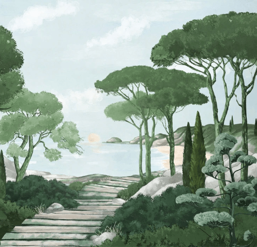 Papier peint balade dans les calanques vert