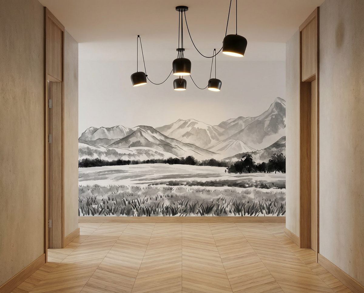 Papier peint panoramique les Mémises – Vue alpine d’exception en noir et blanc