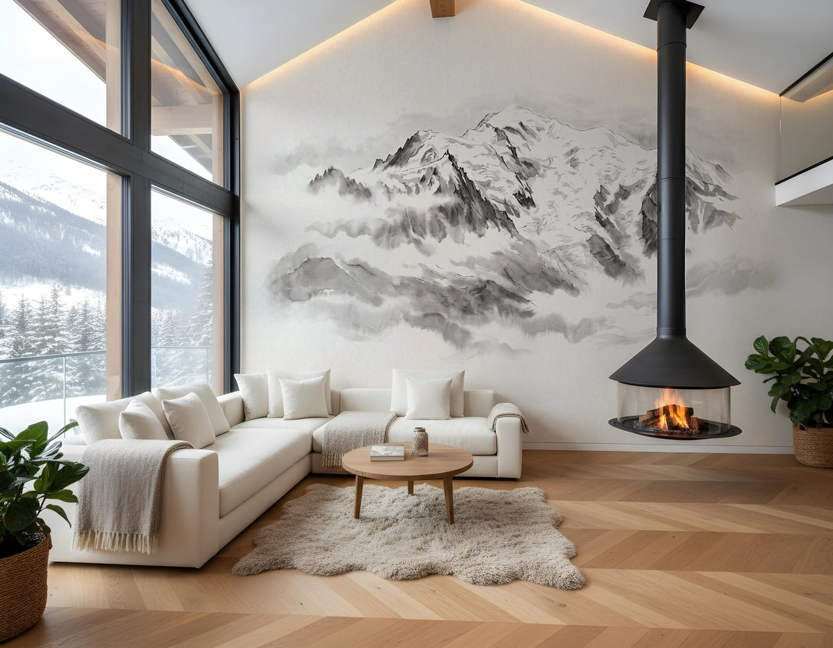 Papel pintado panorámico del Mont Blanc con tinta china: frescos envueltos en niebla
