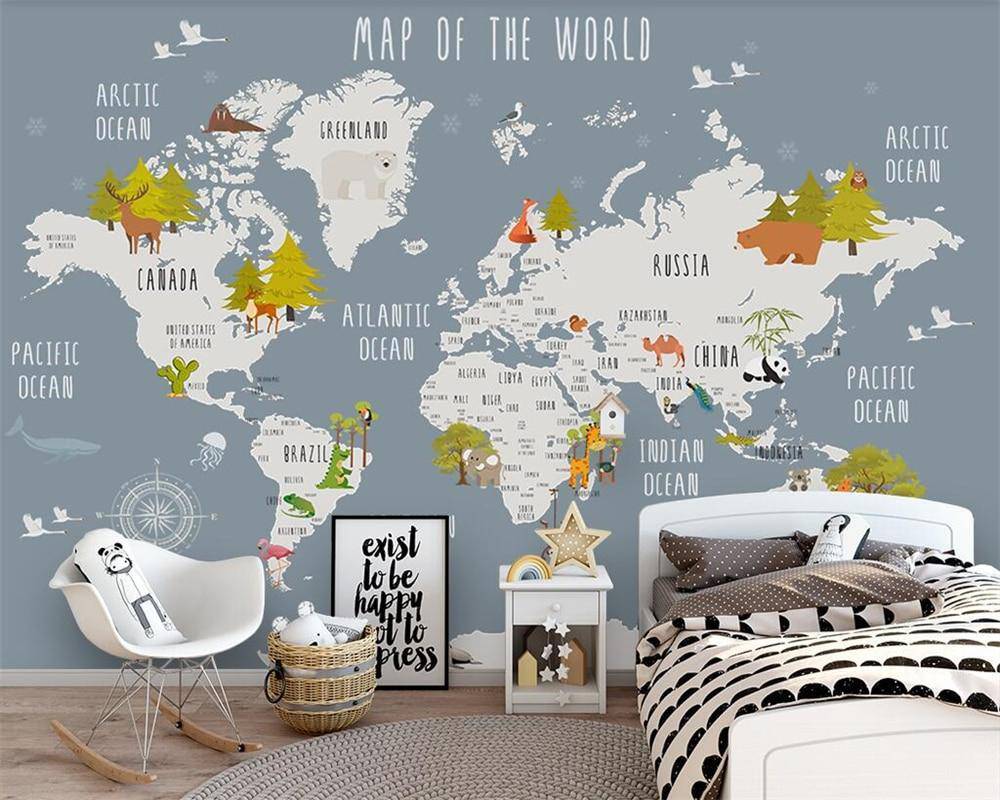 Fondo de pantalla gris con mapa del mundo ilustrado y animales