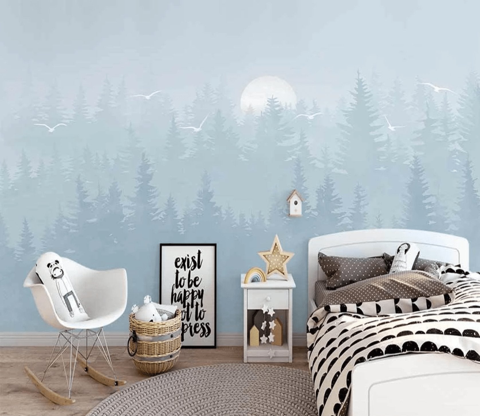 Papier peint chambre enfant forêt scandinave bleu moonlight, mural concept, tendance