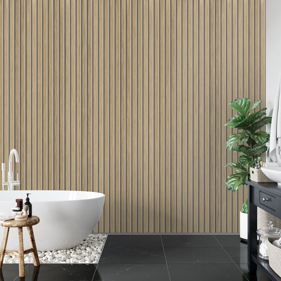 Papel pintado con tiras de madera de roble y efecto de fondo beige