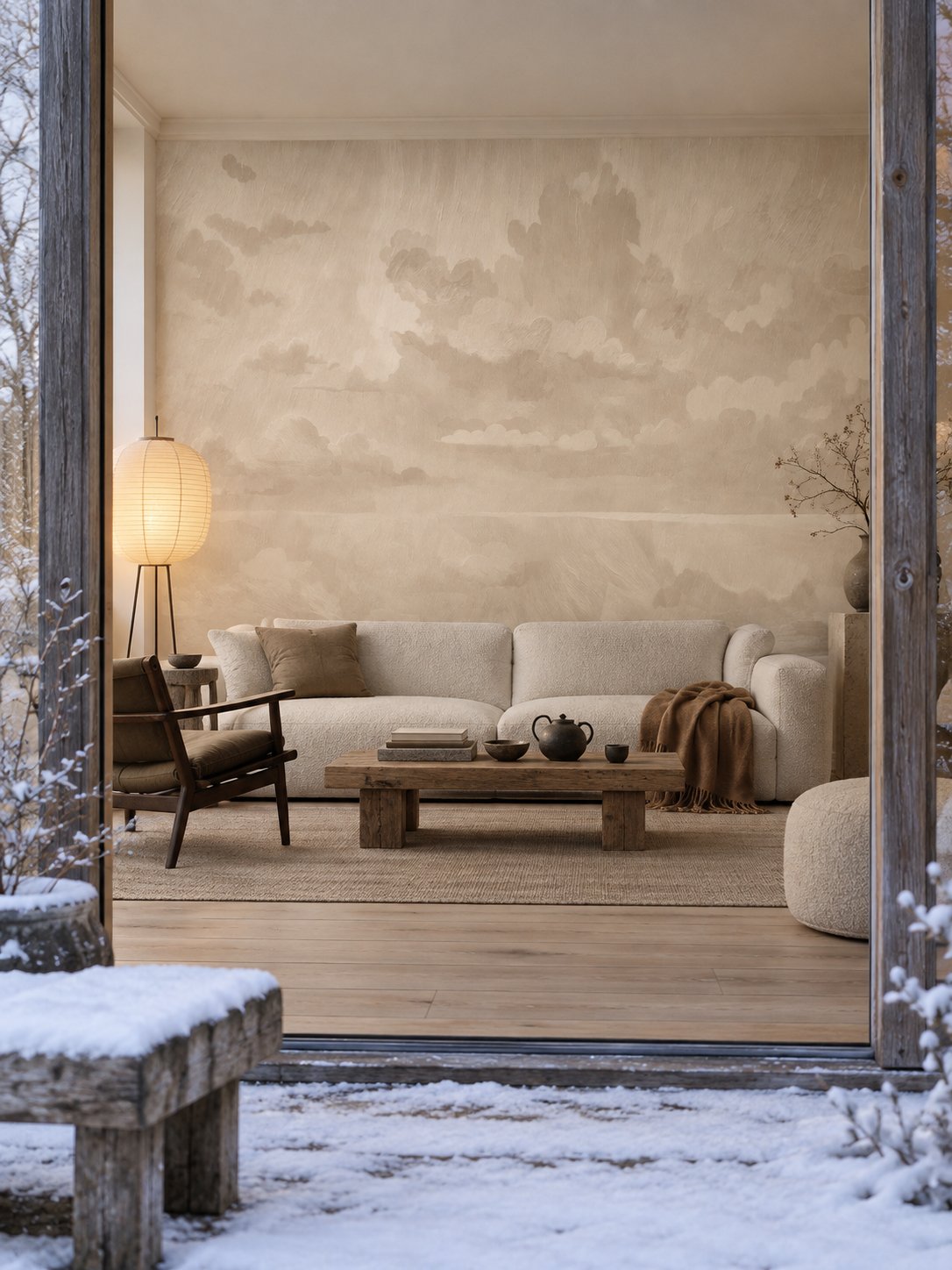 Papel pintado panorámico «Cielo de terciopelo» - nube beige
