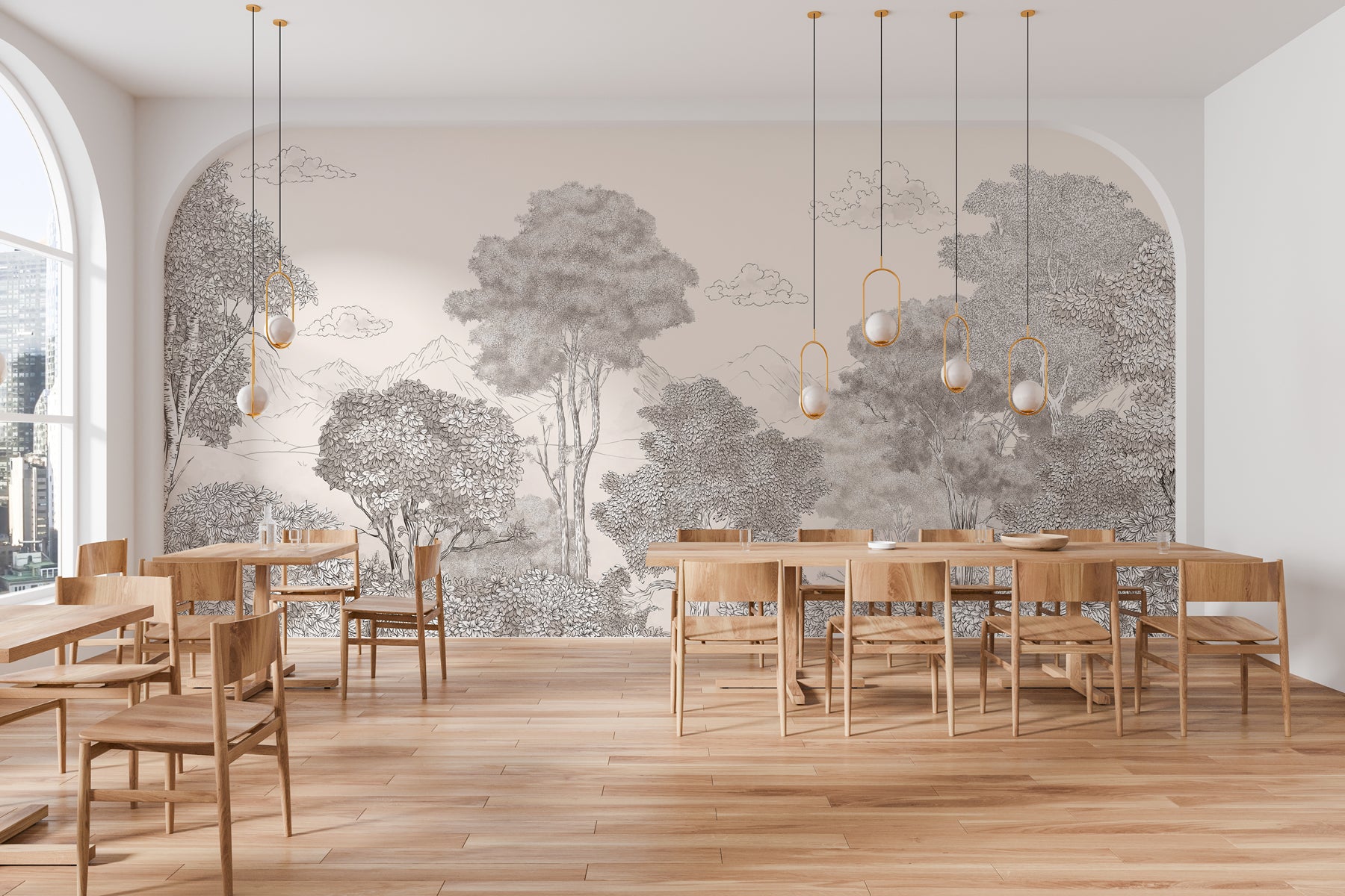 Papier peint panoramique Forêts et Monts Crayonnés Beige, XXL, tendance