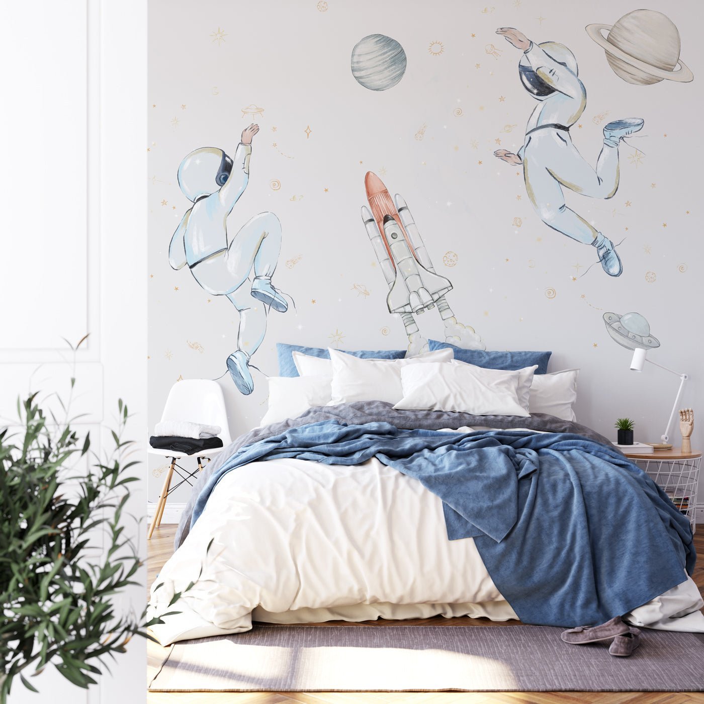 Papier peint astronautes dans l'espace bleu, XXL, tendance