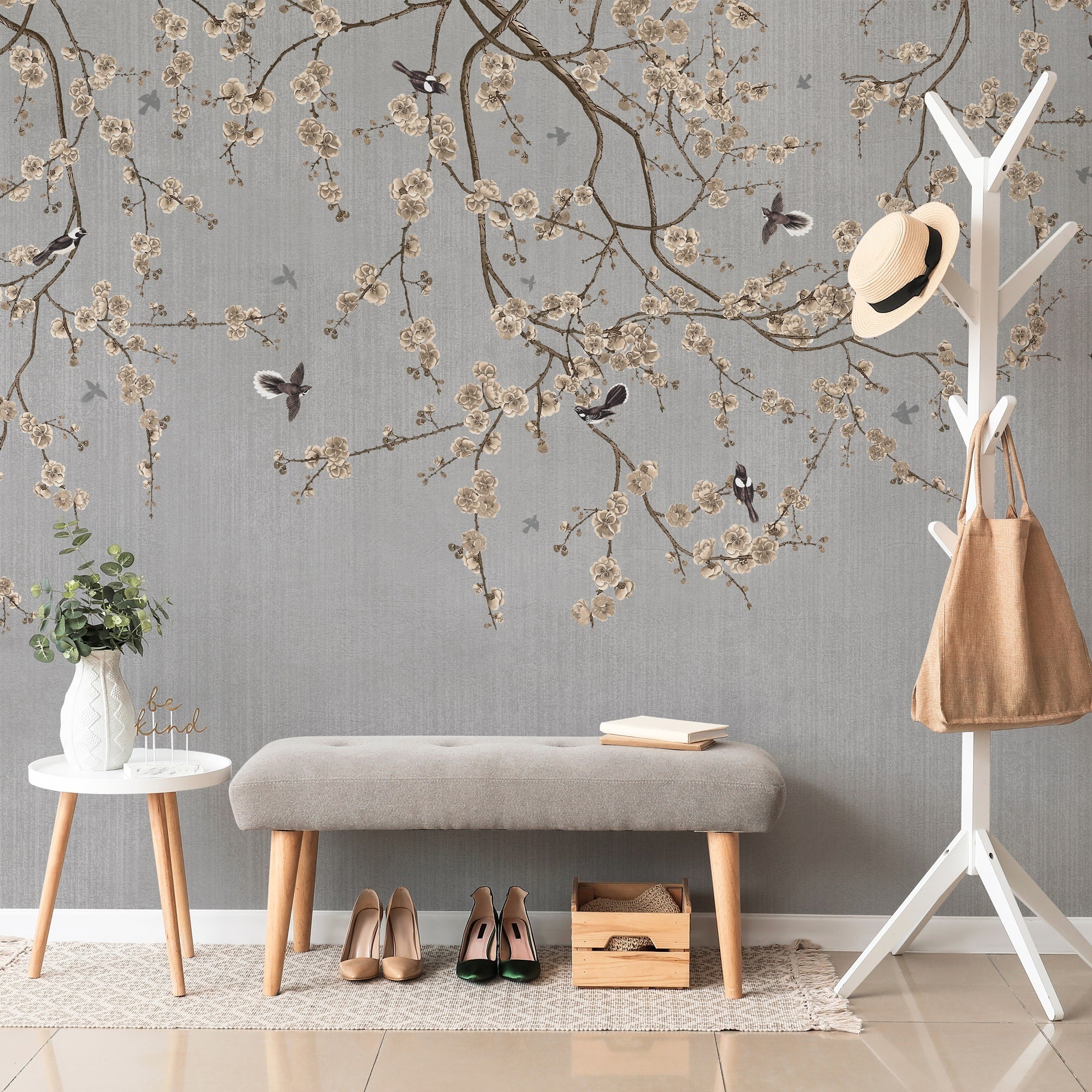Papier peint branches fleuries, mural concept, tendance