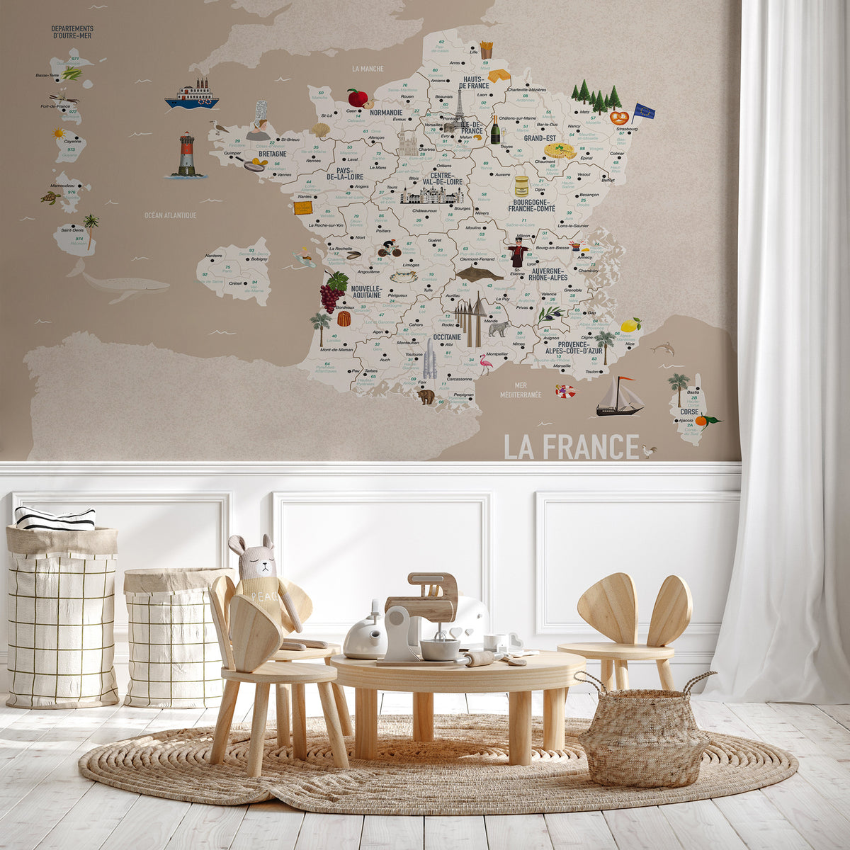 Papel pintado infantil con el mapa de Francia en color beige