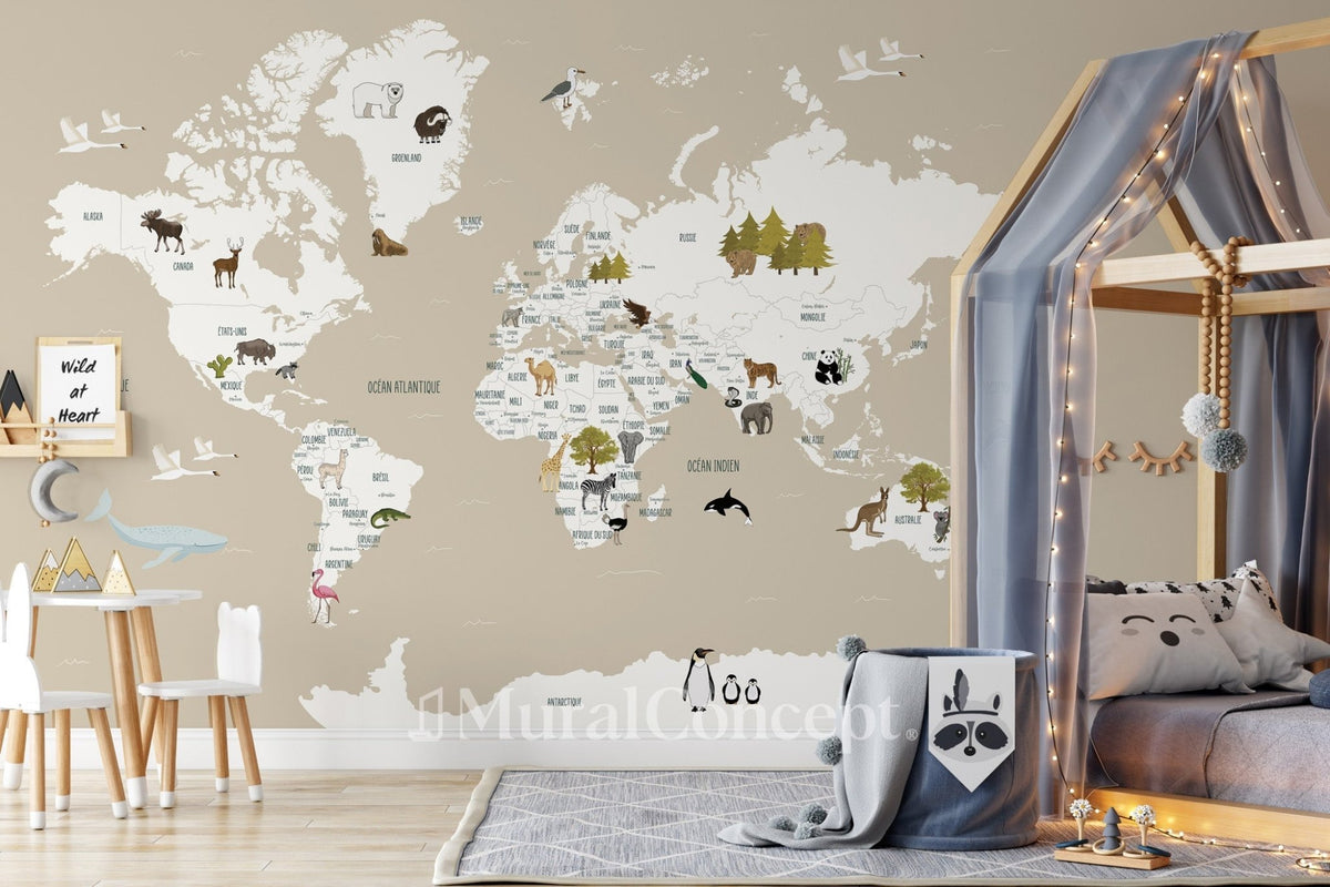 Papel pintado Mapa del mundo en francés para niños, color beige