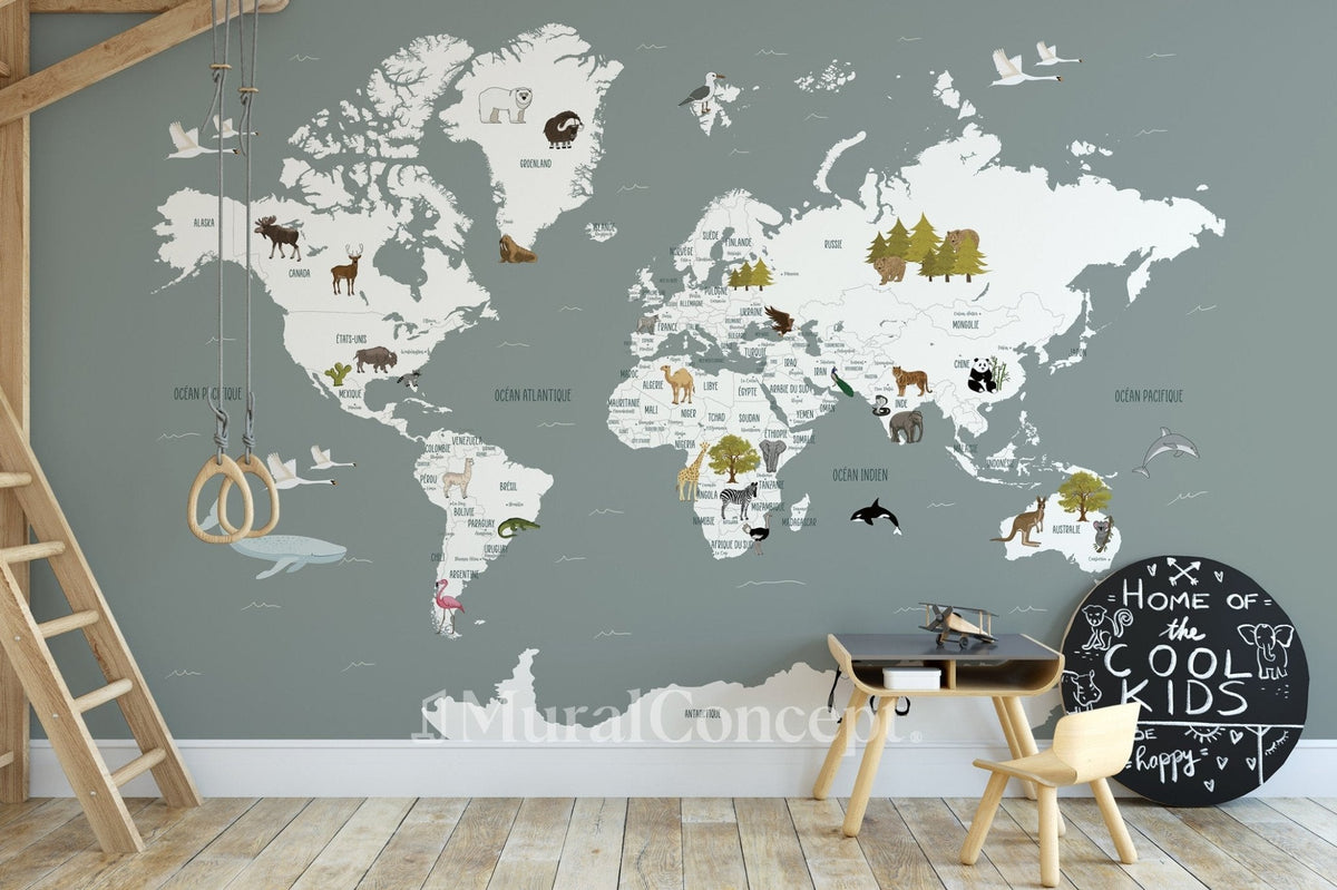Papel pintado Mapa del mundo en francés para niños gris
