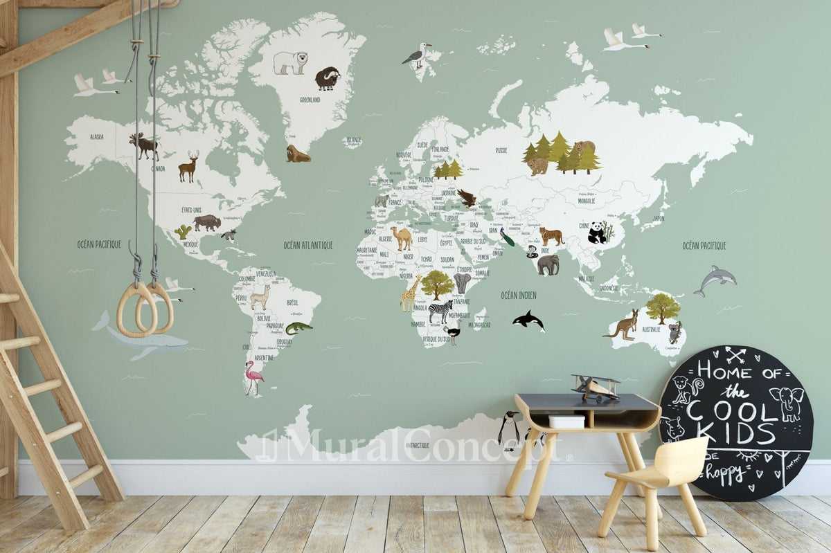 Papel pintado infantil mapamundi francés verde