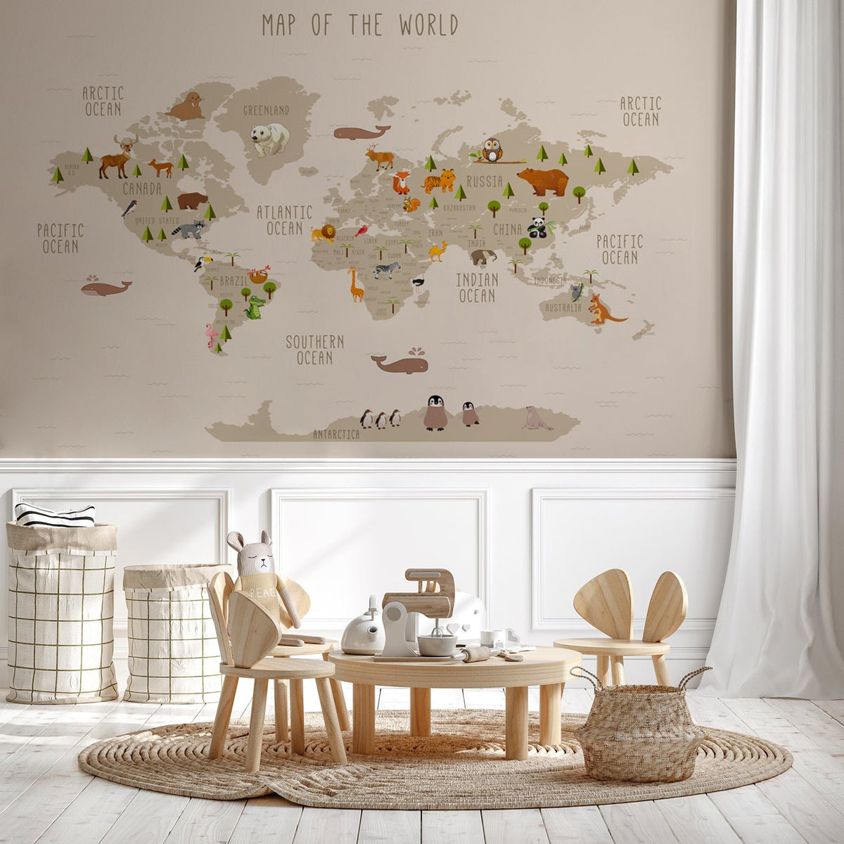 Mapa del mundo ilustrado Animales Beige