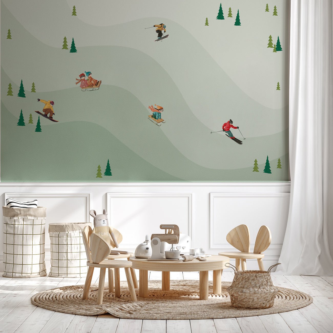 Papier peint enfant skieurs vert, XXL, tendance
