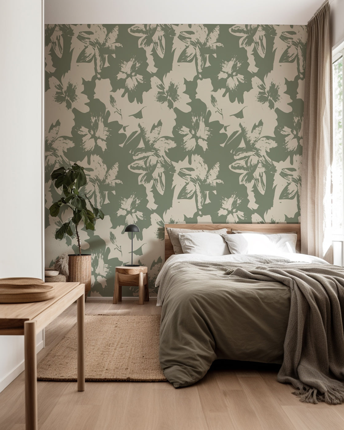 Papier peint motif floral vert sauge - Fresque Artistique contemporaine - Muralconcept