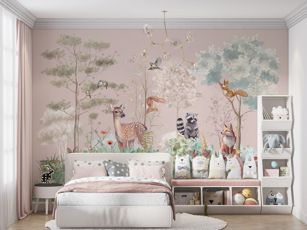 Papel pintado para habitación infantil con naturaleza mágica de color rosa